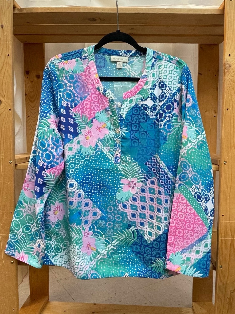 Boho CottageCore Appleseed's Teal Blue Pink Patchwork Floral Tunic Size L Large